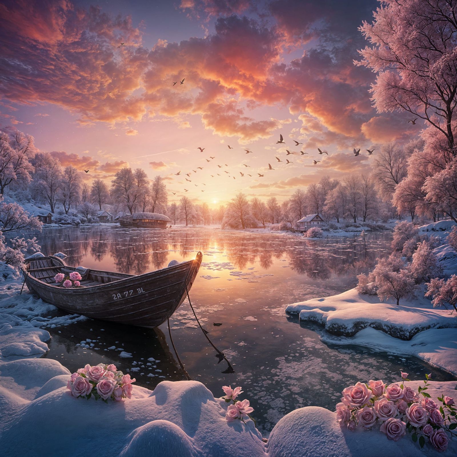 Surreal Winter Wonderland with Glittering Snow and Roses