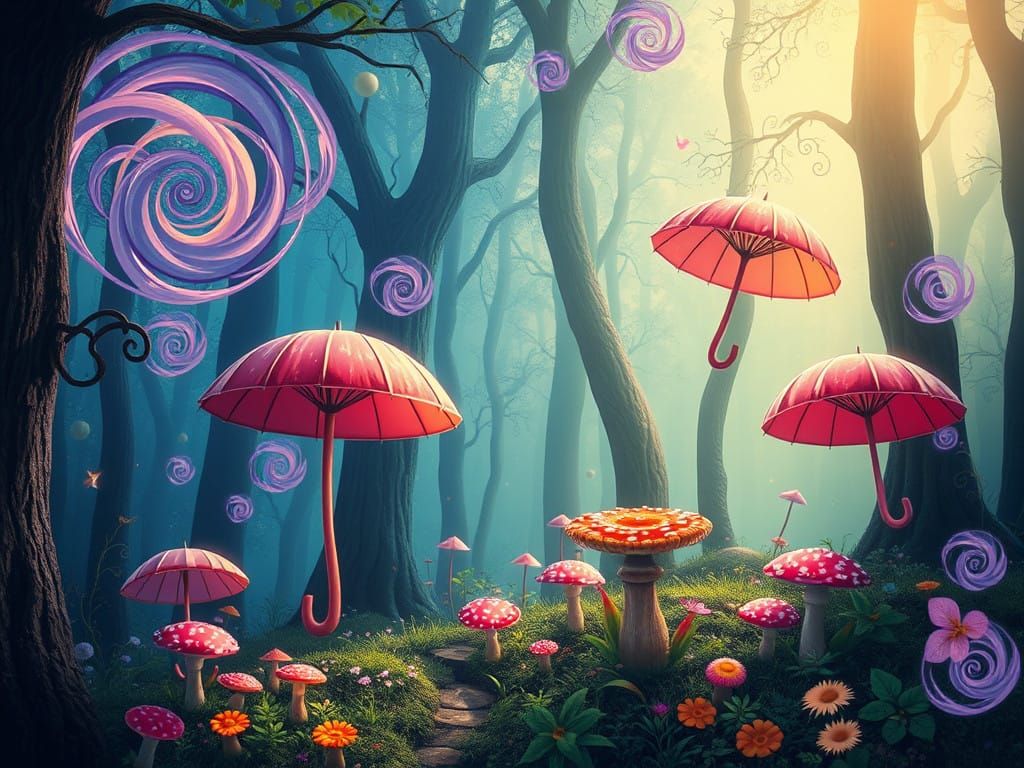Whimsical Fantasy Forest Scene with Floating Umbrellas