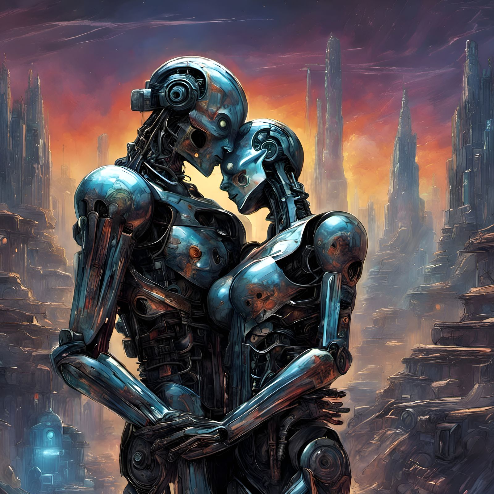 Cybernetic Robots Embrace in Dystopian City