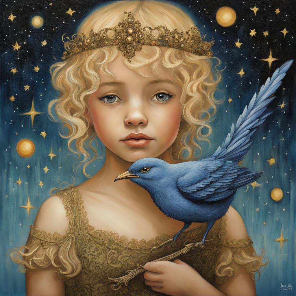 Fantastical Girl with Bluebird in Fairyland