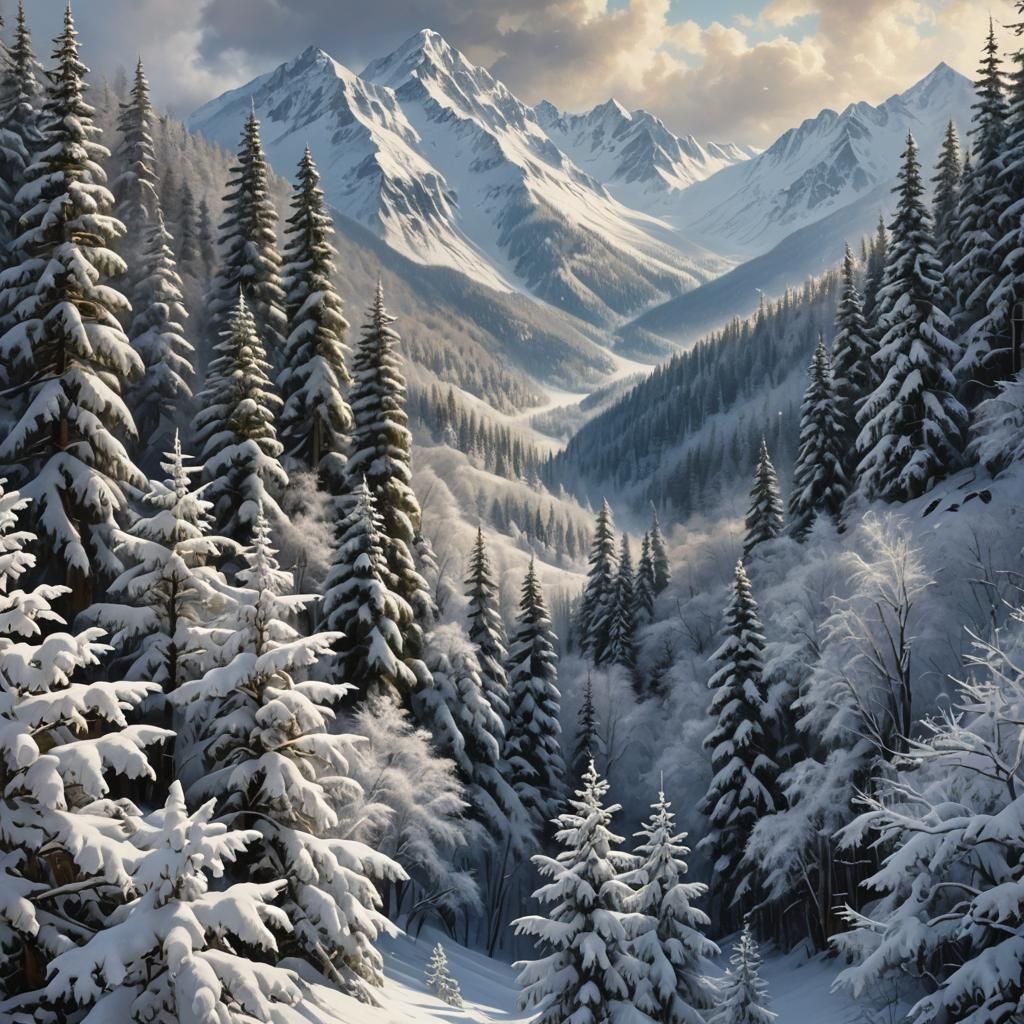 Snowy Mountain Forest: A Winter Wonderland Painting