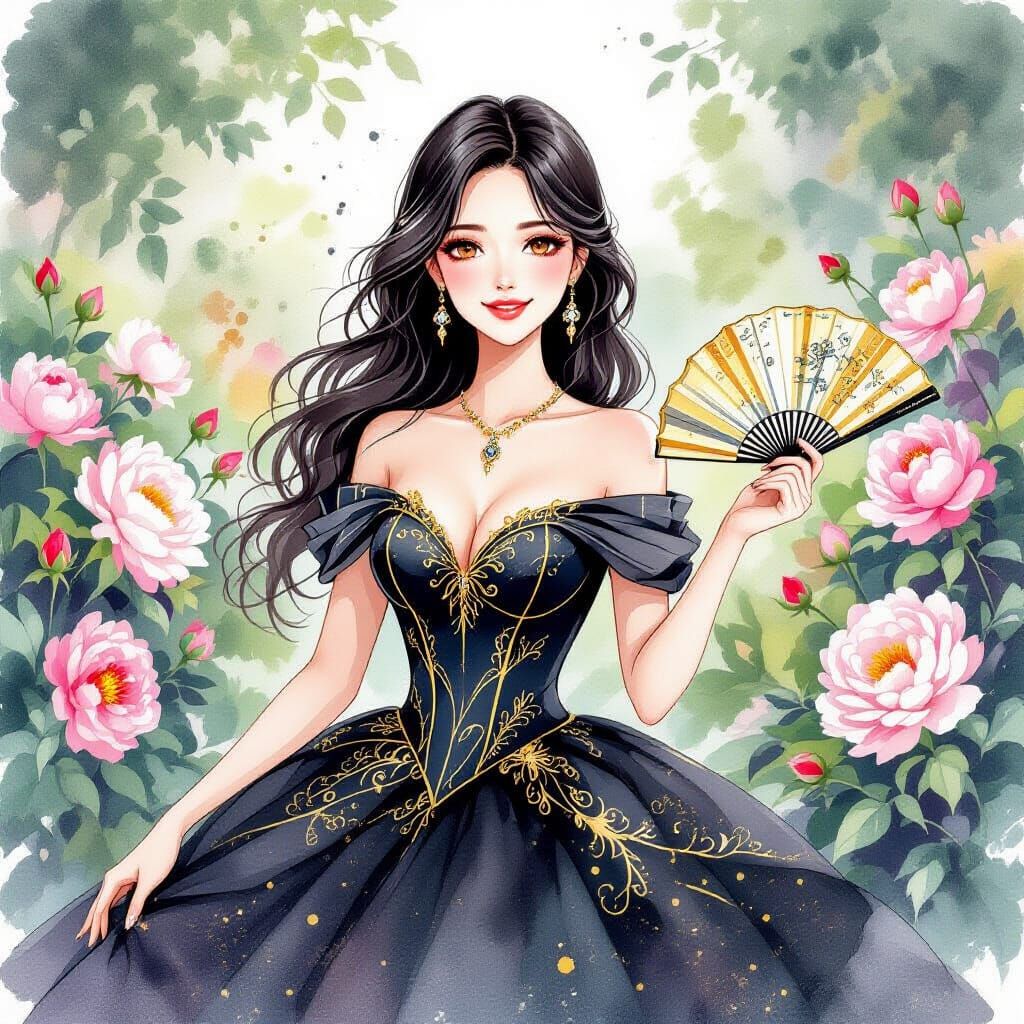 Woman in Gown Posing in Garden, Watercolor Style