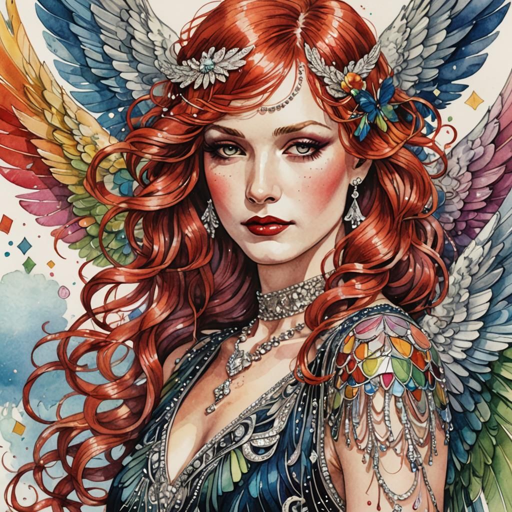 Glamorous Angel with Rainbow Wings in Literary Art