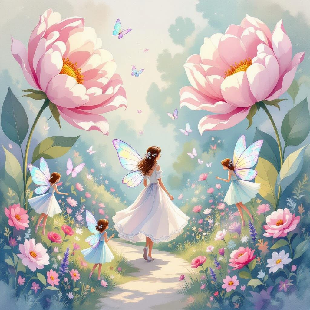 Whimsical Garden Scene with Fairies and Flowers