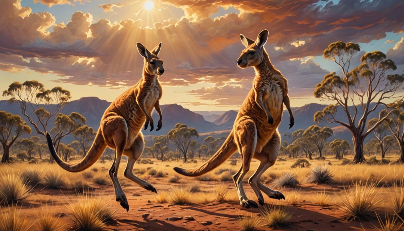 Kangaroo Leaping in Outback: Oil Painting Concept Art
