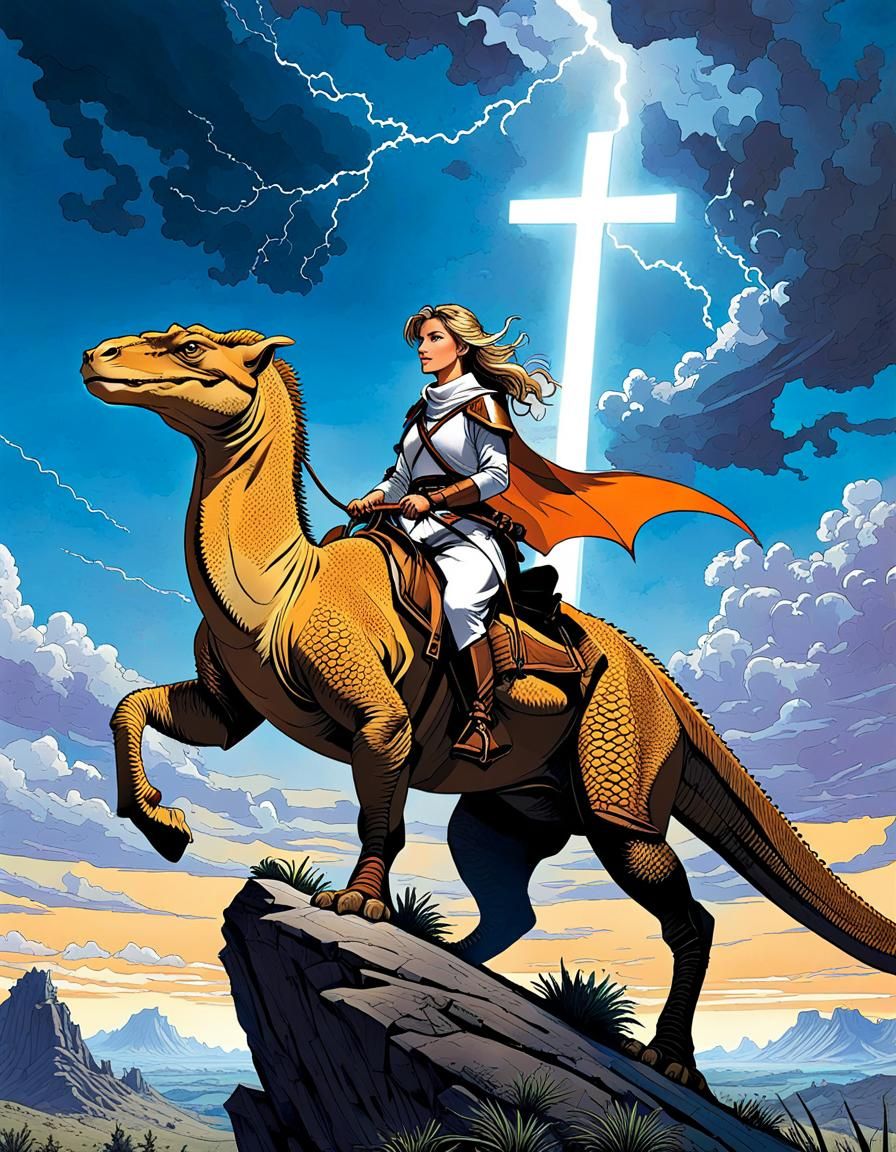 Cleric Rides Prehistoric Creature in Moebius Style