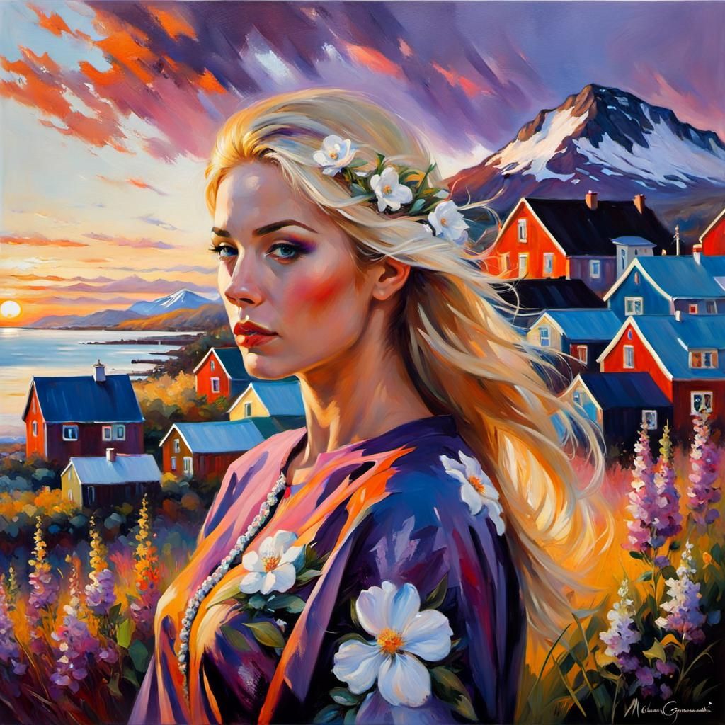 Icelandic Girl in Impressionist Landscape at Sunset