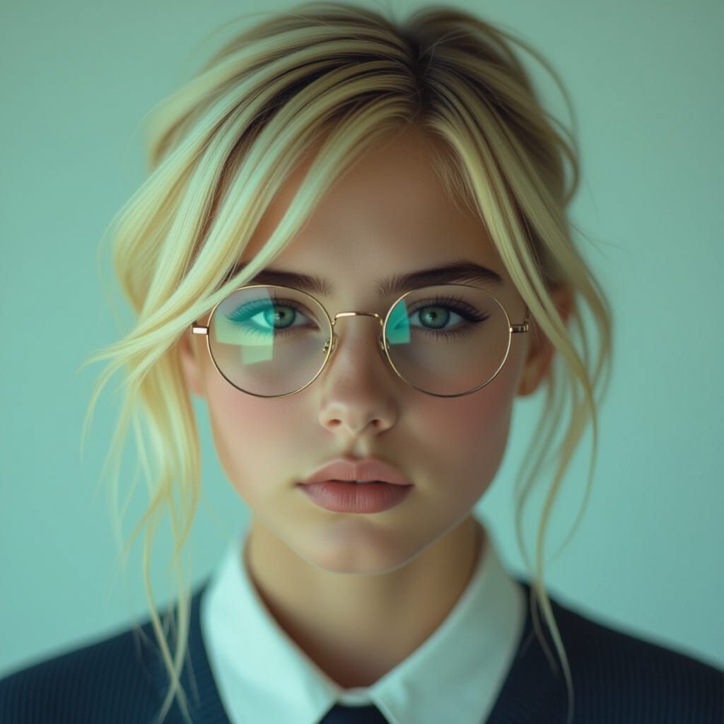 Teen Girl with Blonde Asymmetric Hair and Nerdy Look