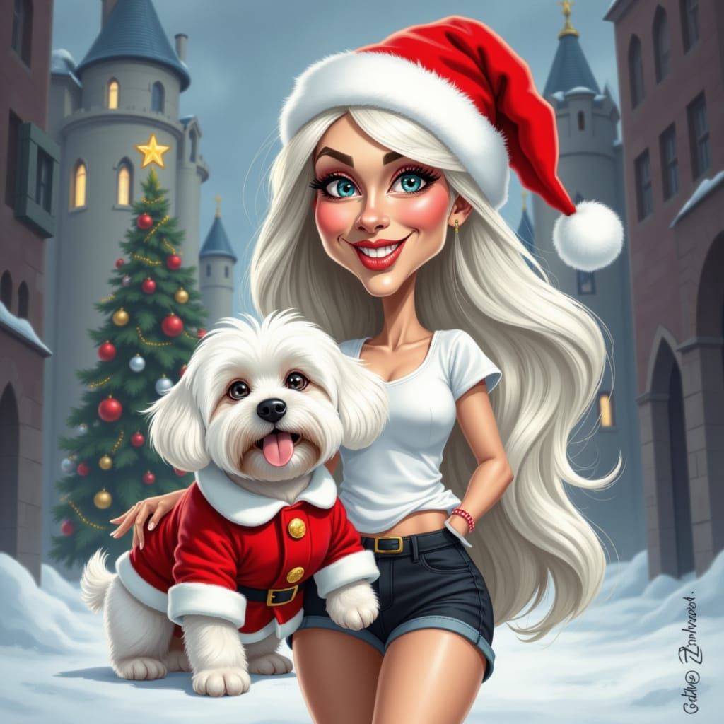 Woman with Platinum Hair and Maltese Dog in Santa Hats