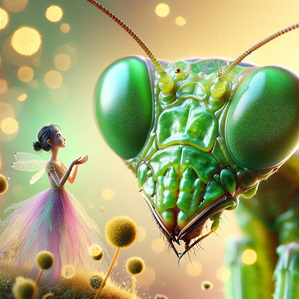 Intricate Mantis and Fairy in Enchanted Forest