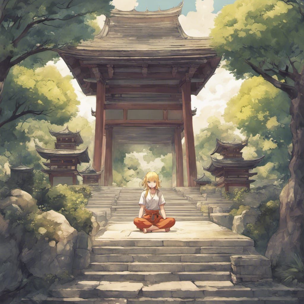 Blonde Meditating at Japanese Temple, Anime Style
