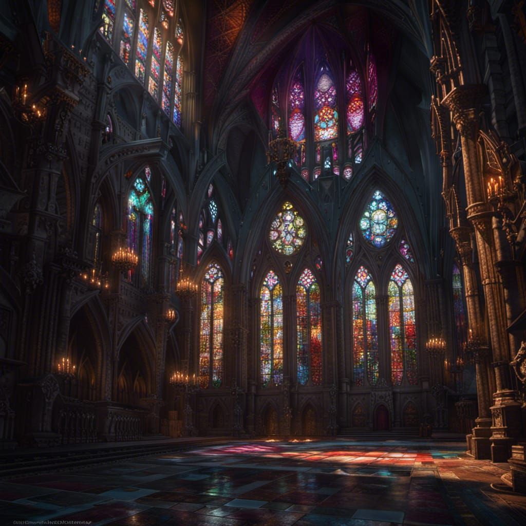 Dark Gothic Cathedral with Stained Glass Windows
