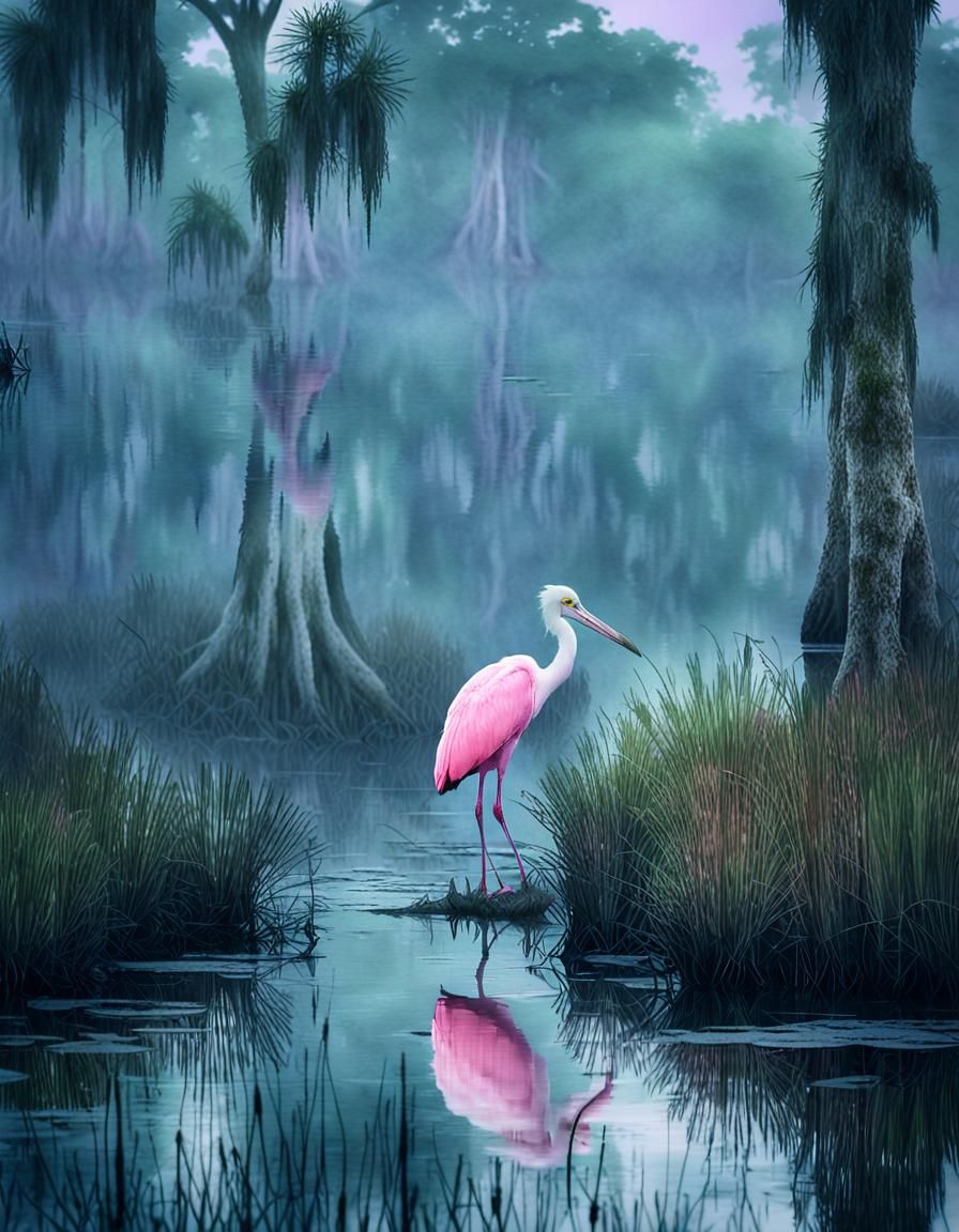 Roseate Spoonbill in Misty Swamp: Watercolor Wash