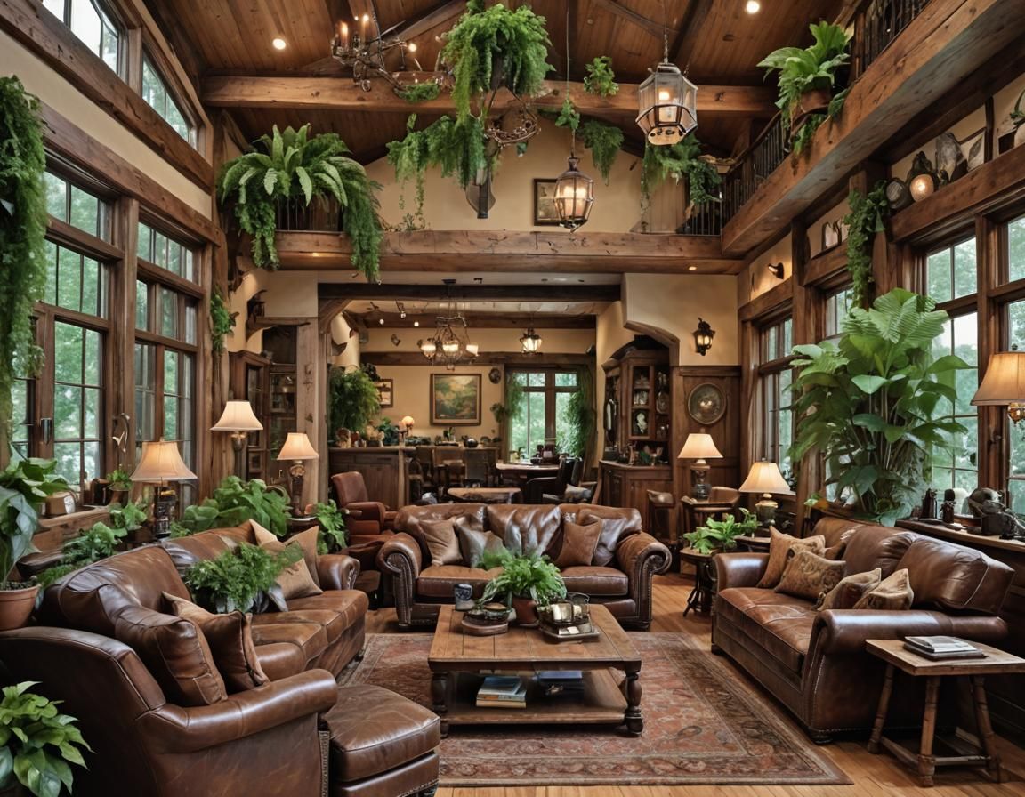 Rustic Living Room with Leather Furniture and Plants
