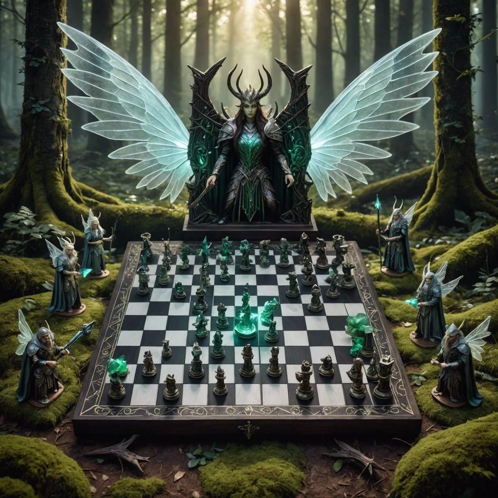 A fantasy chessboard made of enchanted wood with glowing run...