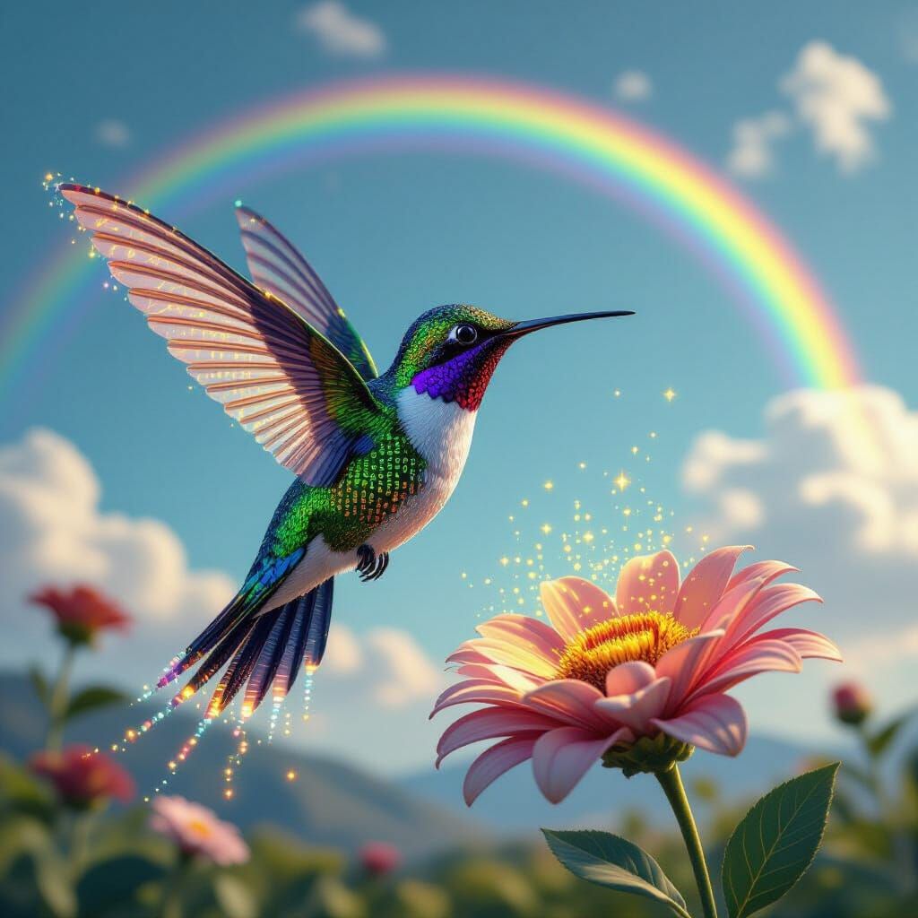Binary Code Hummingbird Under Rainbow Sky