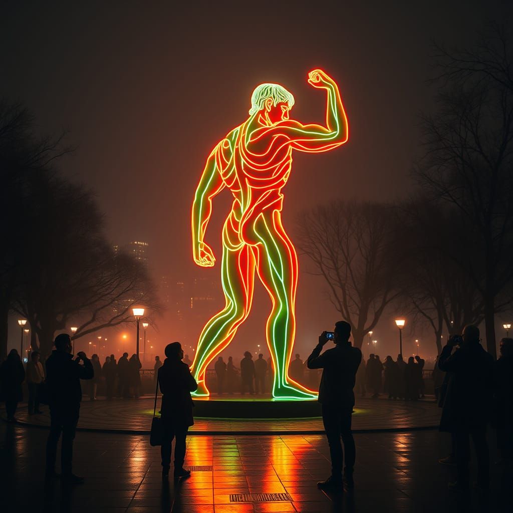 Neon Colossus: Classical Sculpture in Urban Park
