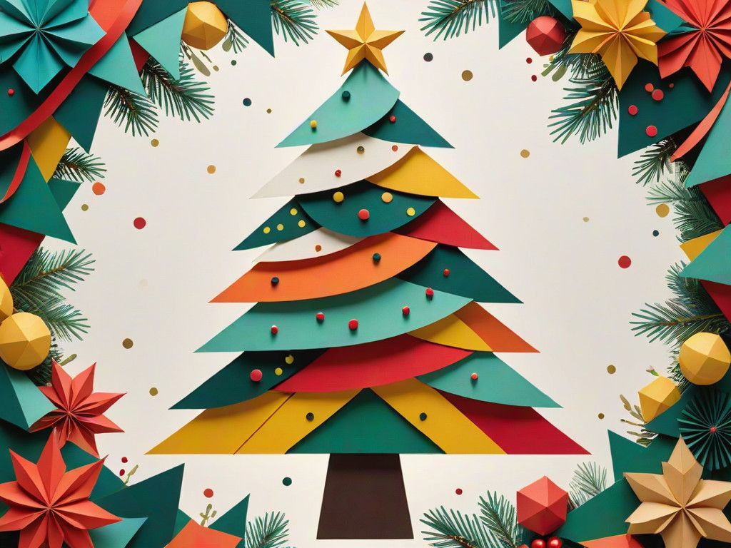 Vibrant Cubist Christmas Tree Collage in Wood and Paper