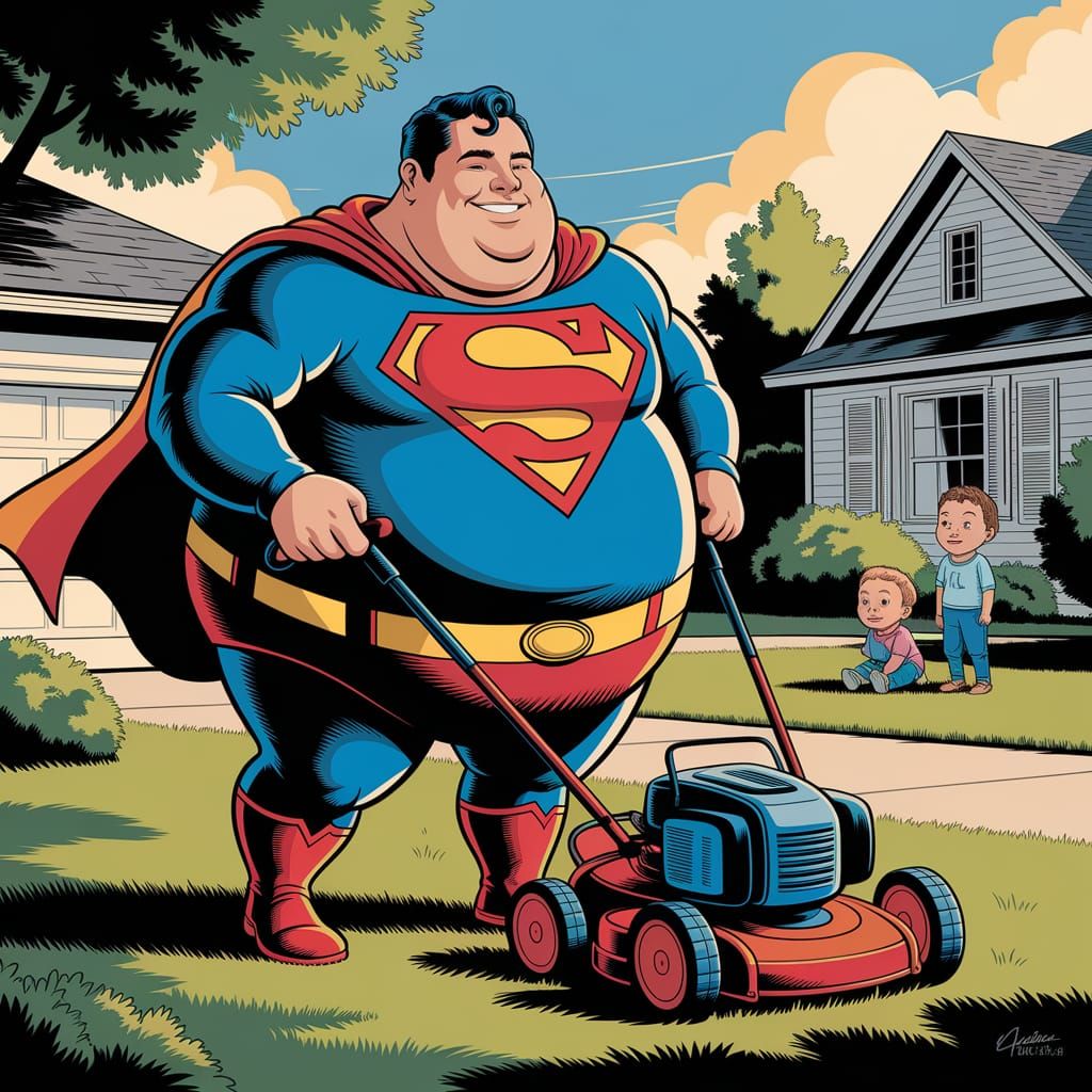 Humorous Superman Dad Mowing Lawn: Animated Comic Style