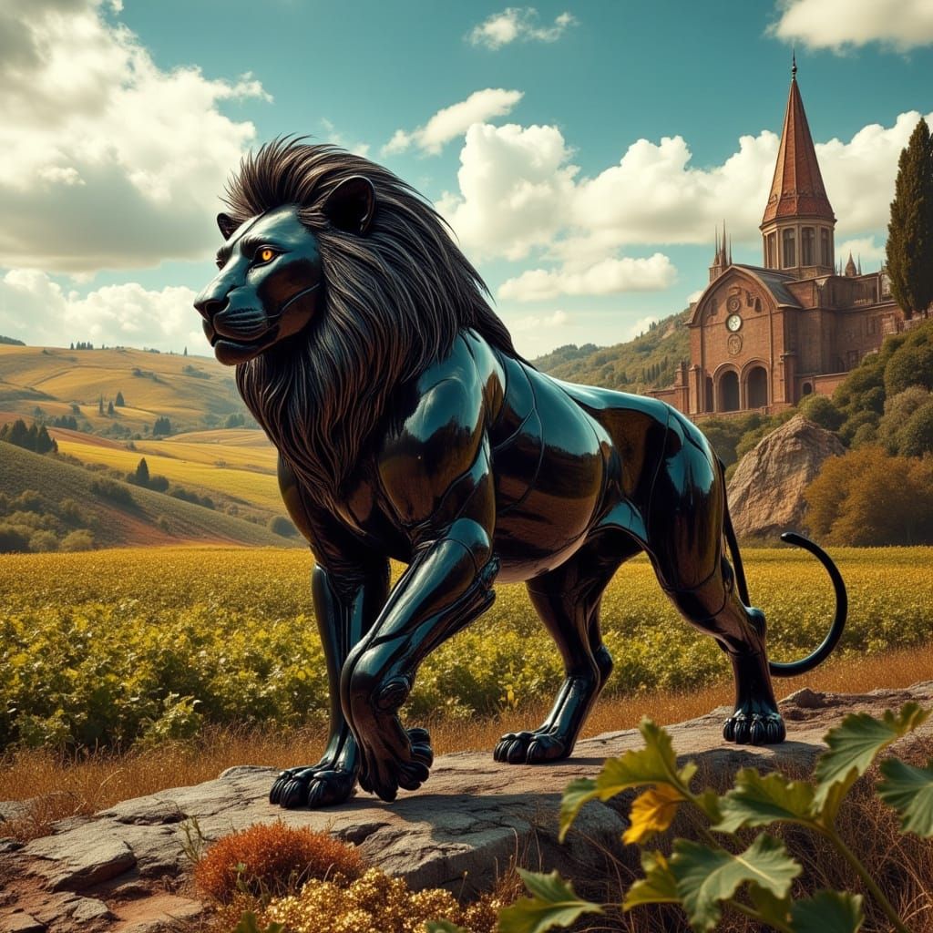 Cybernetic Lion-Jeep Hybrid in Vibrant, Surreal Countryside