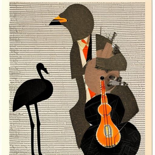 Ostrich Plays Banjo in Cut Paper Collage Art