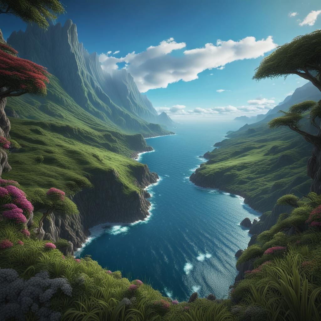 Lush Mountain Valley Meets Ocean Horizon
