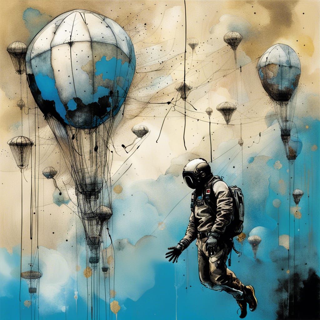 Skydiver in Ink Drips, Mixed Media Style