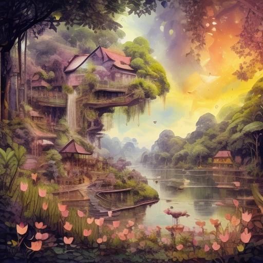 Lush Rainforest with Lotus Flowers: Digital Painting