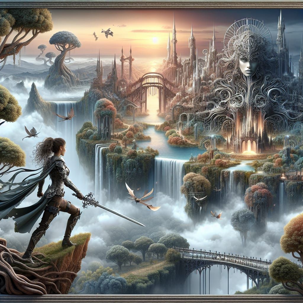 Hispanic Woman Warrior in Steampunk Fantasy Landscape
