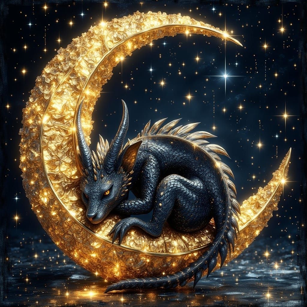 Whimsical Black Dragon in a Vibrant Gold Leaf Zentangle