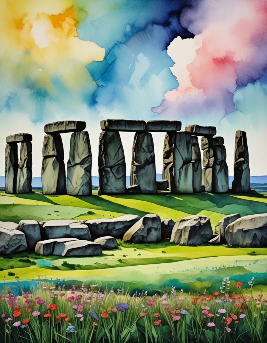 Stonehenge in Vibrant Cubist Colors