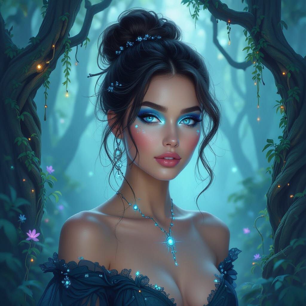 Bioluminescent Woman in Misty Alien Forest