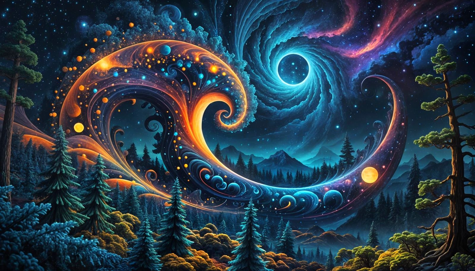 Fractal artistic night sky over the forest