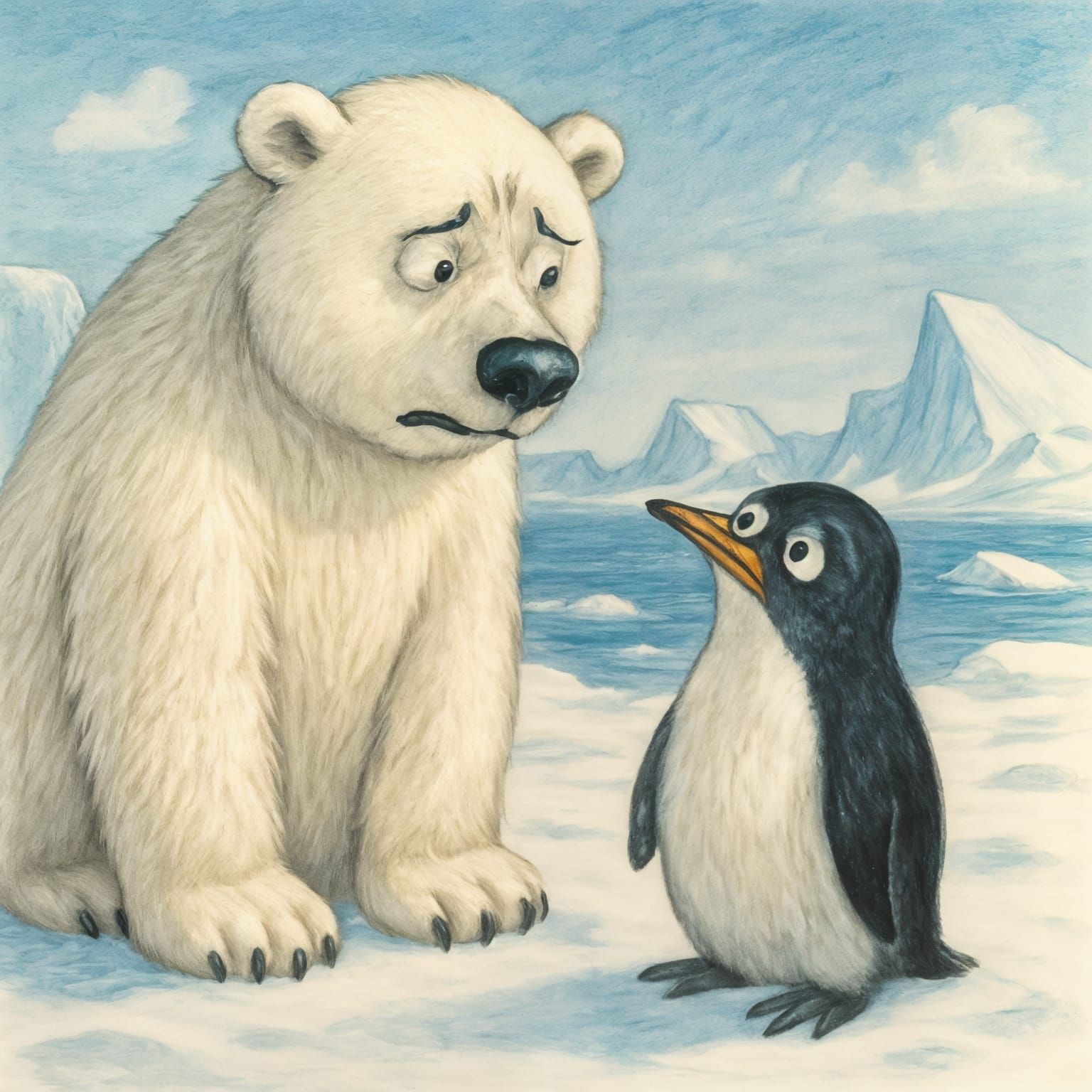 Puzzled Polar Bear and Penguin in Arctic Landscape