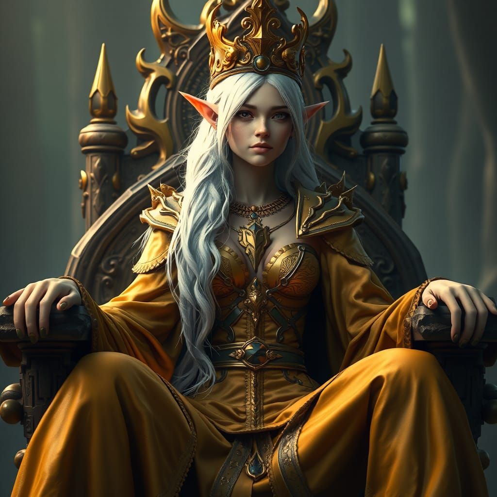 Wood-Elf Queen on Throne in Golden Splendor
