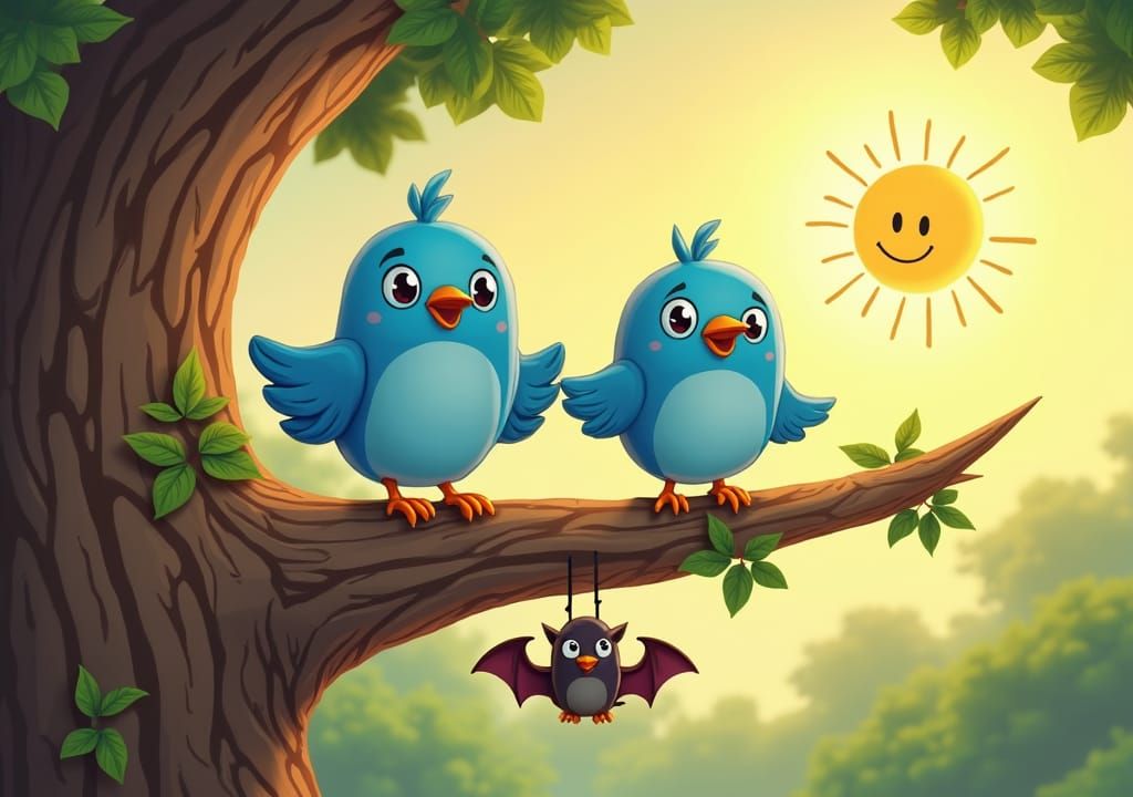 Cartoon Bluebirds, Goofy Tree, and Happy Bat