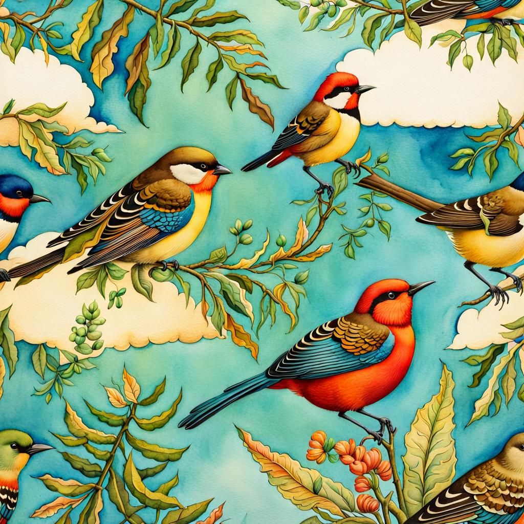 Whimsical Birds in Watercolor, Intricate Vintage Design