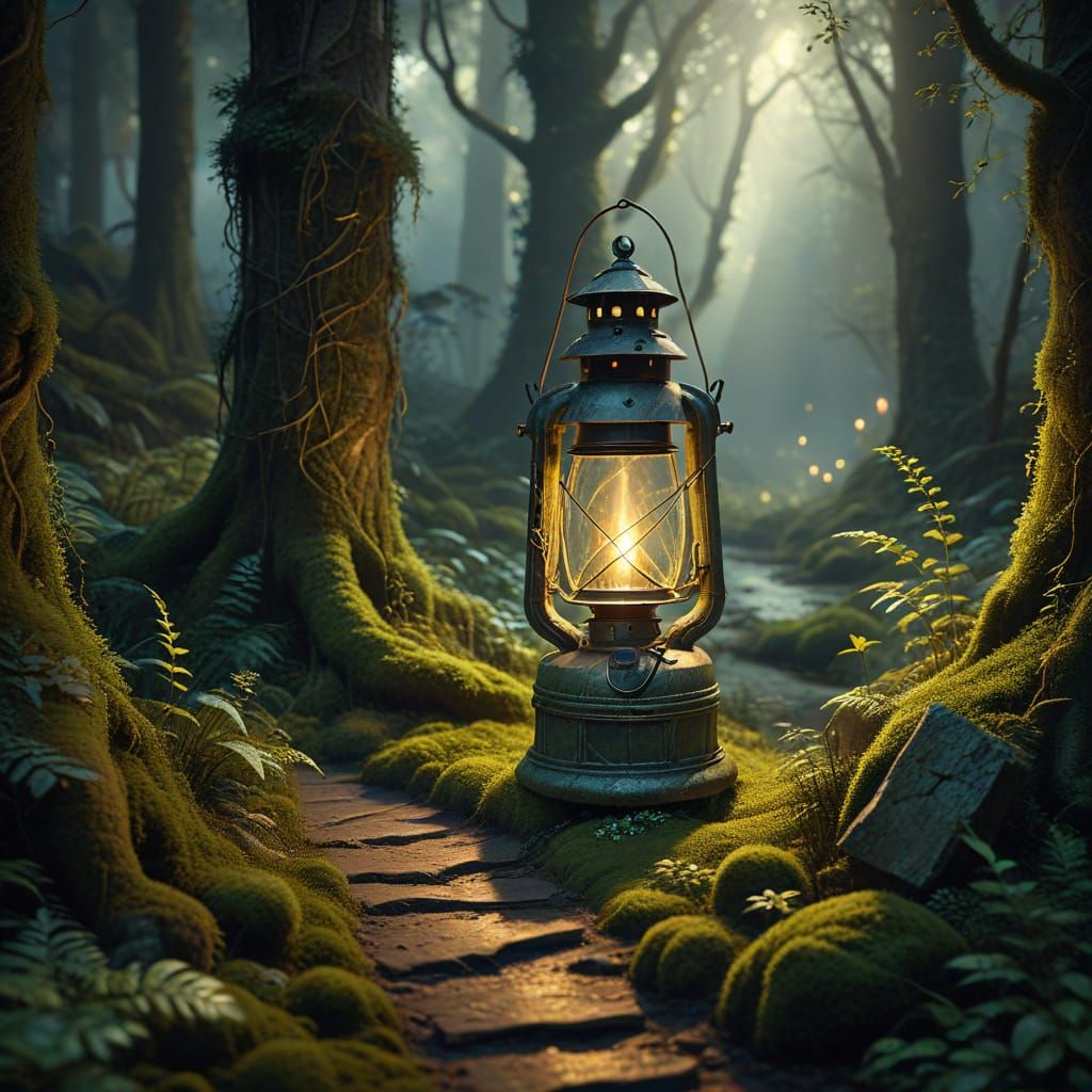 Ancient Lantern Illuminates Enchanted Forest Path