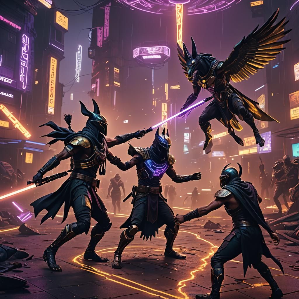 Cyberpunk Gods Clash: Horus and Anubis vs Seth
