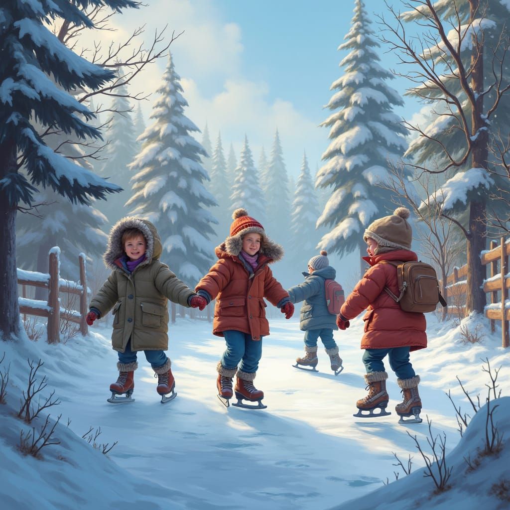 Whimsical Winter Scene: Children Ice Skating in Fantasy Styl...