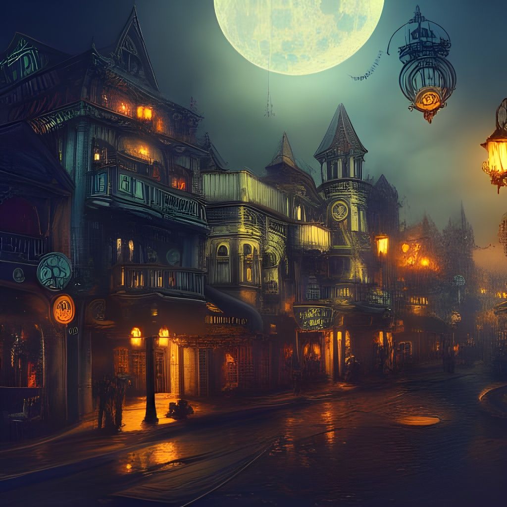 Steampunk City at Full Moon: Dark Fantasy Art