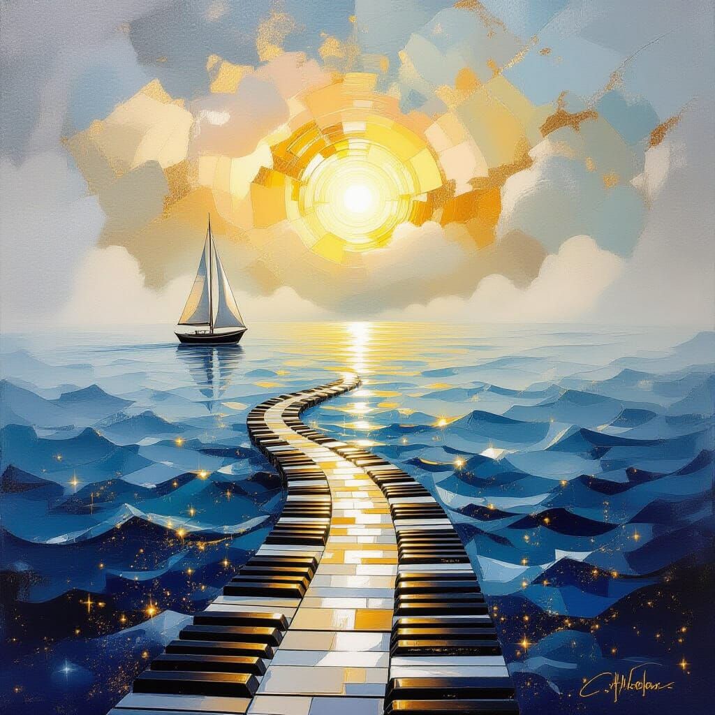Surreal Sea with Piano Key Path in Oil