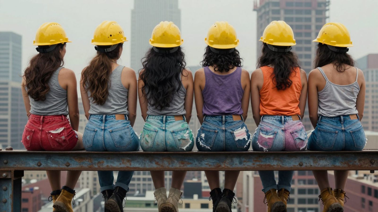 Diverse Women on Construction Girder in Misty Manhattan