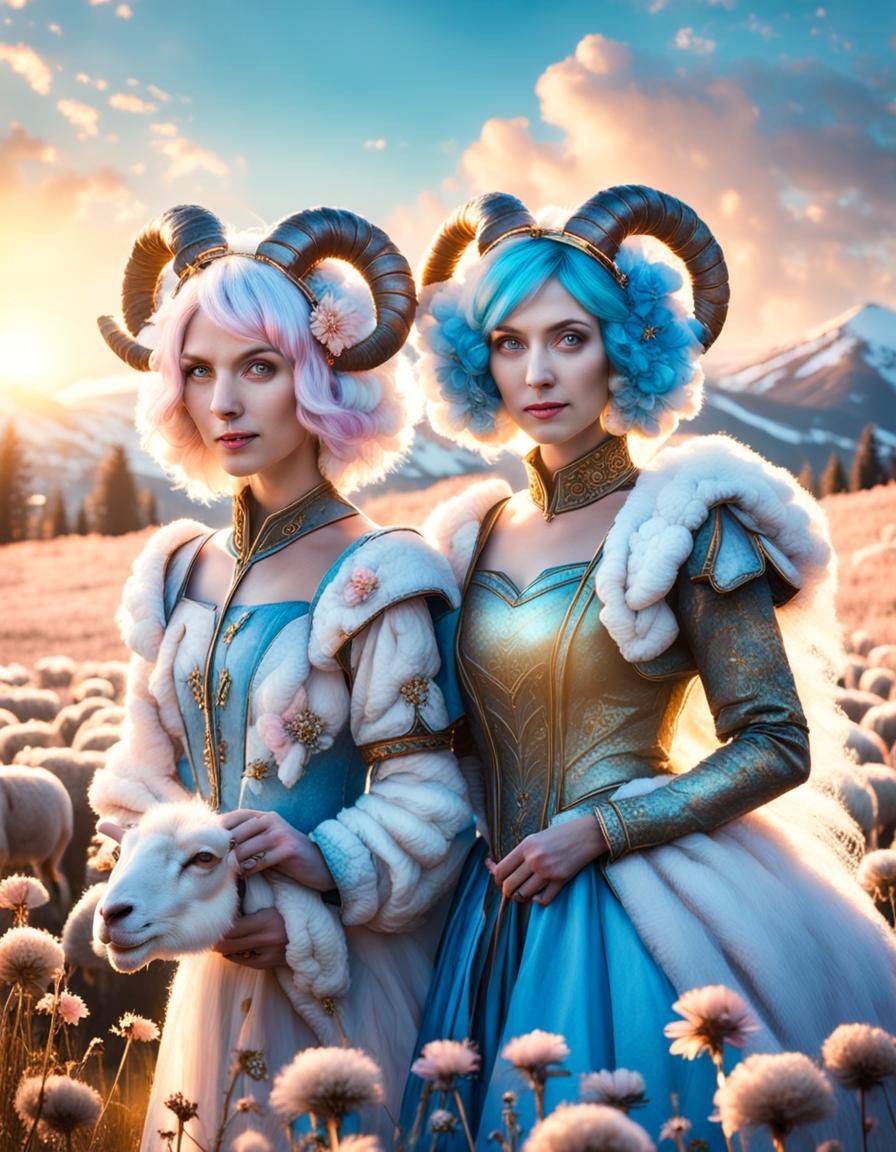 Beautiful Sheep Hybrid Princesses in Flowery Meadow