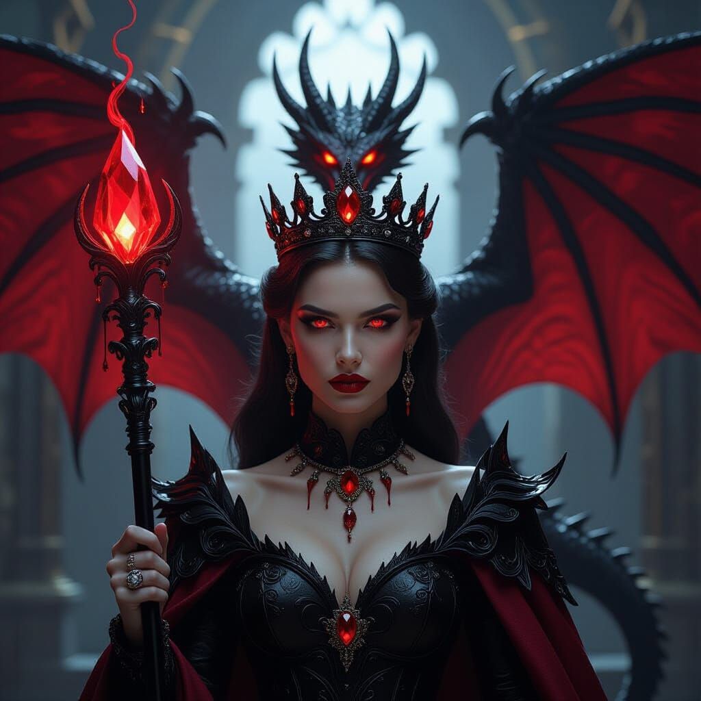 Regal Queen with Bloody Crown and Ruby Staff, Dragon Guardia...