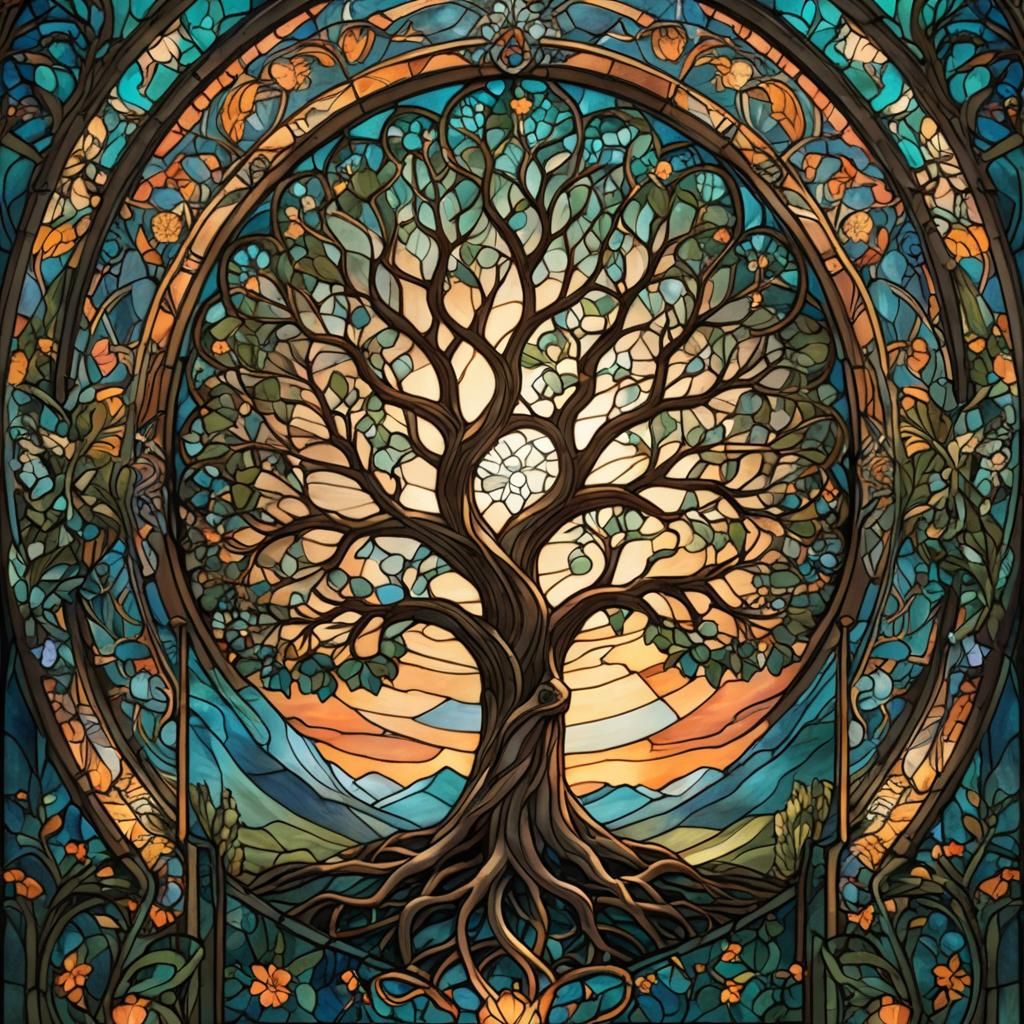 Art Nouveau Tree of Life in Stained Glass