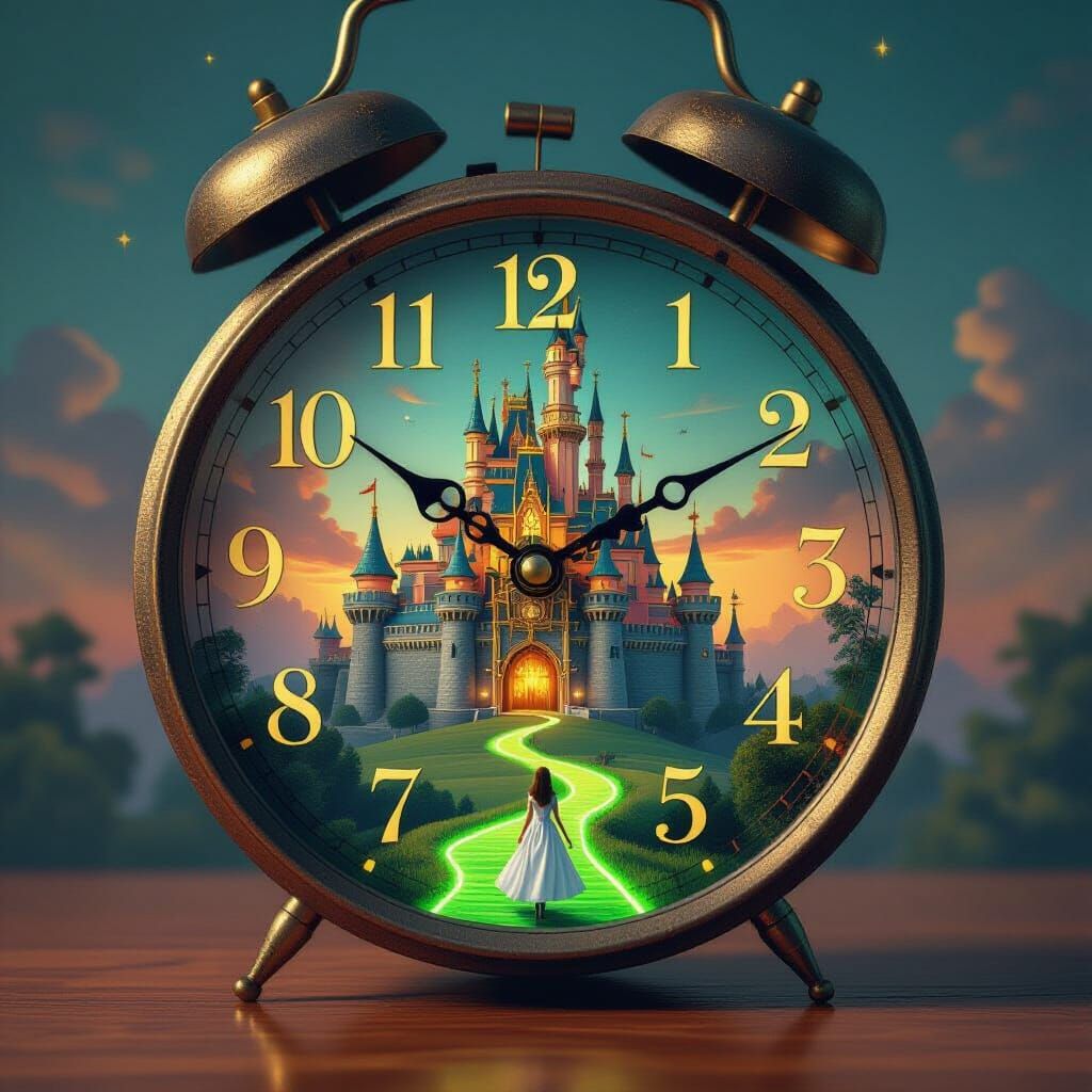 Surreal Clock Face Reveals Fantasy Landscape in Digital Pain...