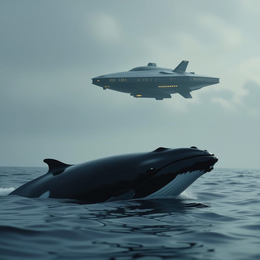 Majestic Whale Gazes at Spaceship in Dramatic Film Still