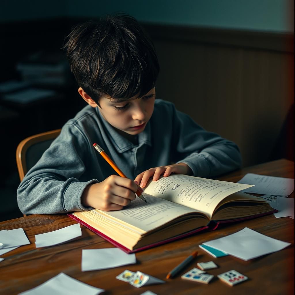 Contemplative Student Writing in Journal on Worn Desk