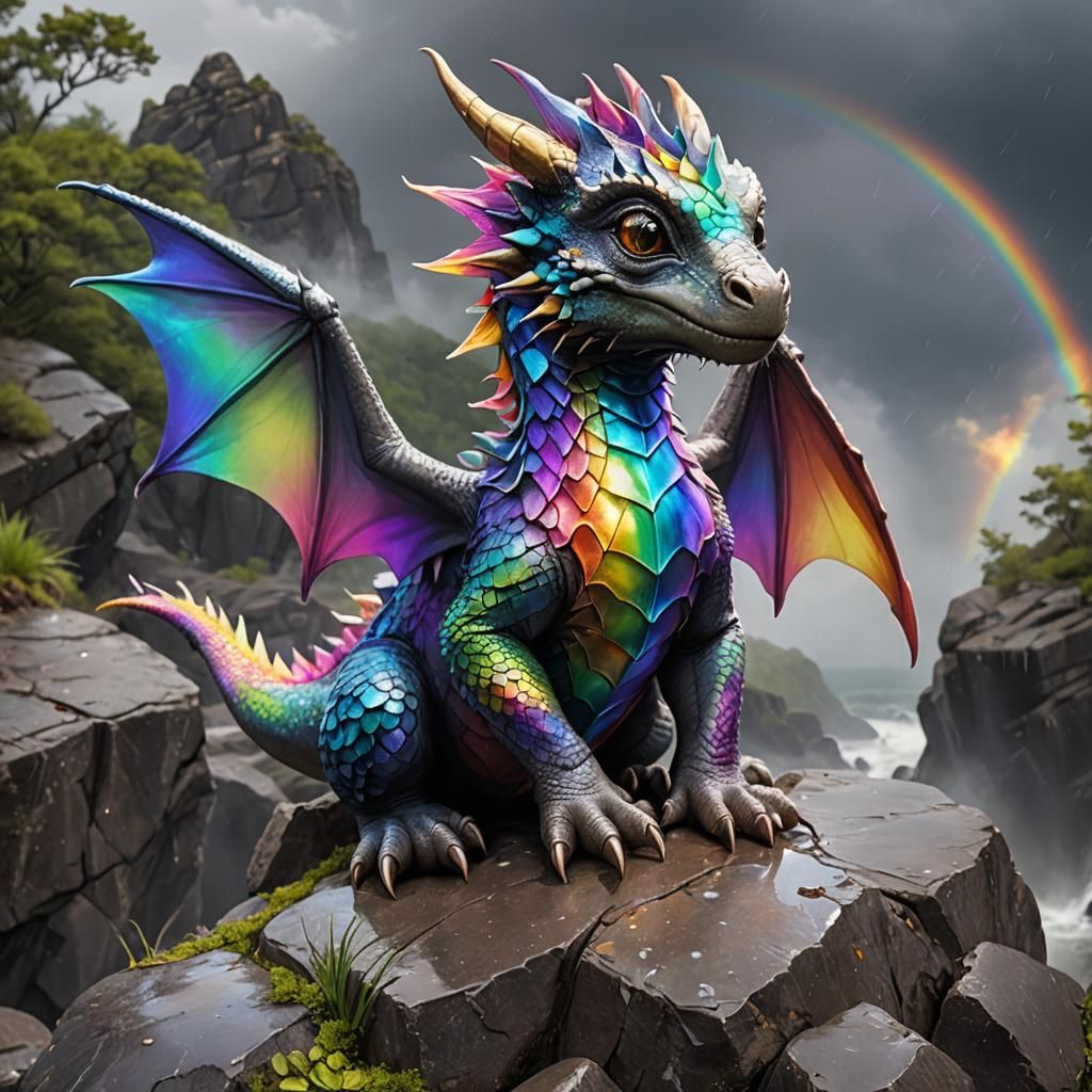 Adorable Baby Dragon with Rainbow Wings in Rain